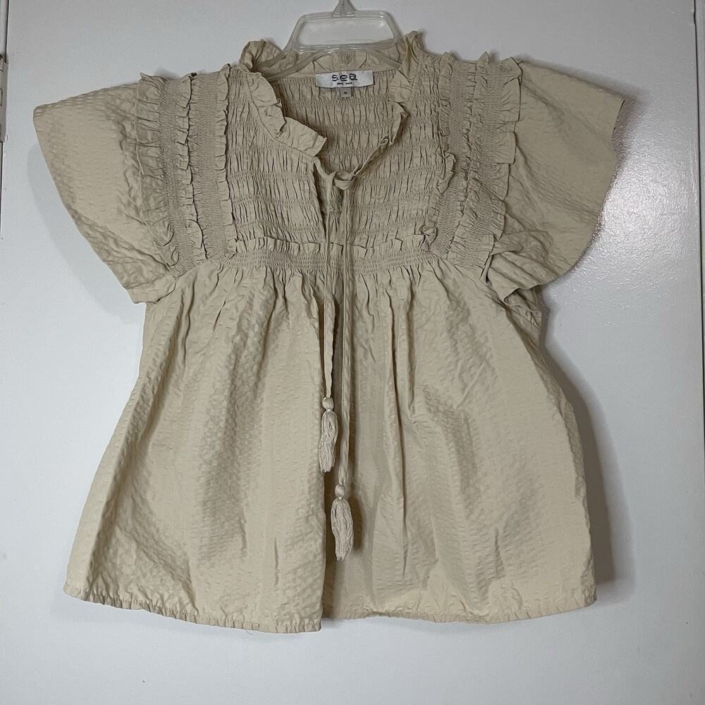 SEA new york tan beige flutter sleeve smocked blouse top size medium